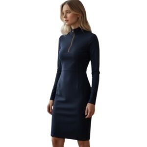 Lauren Ralph Lauren Leather Trimmed Dress Size 4 Long Sleeves Zipper Detail